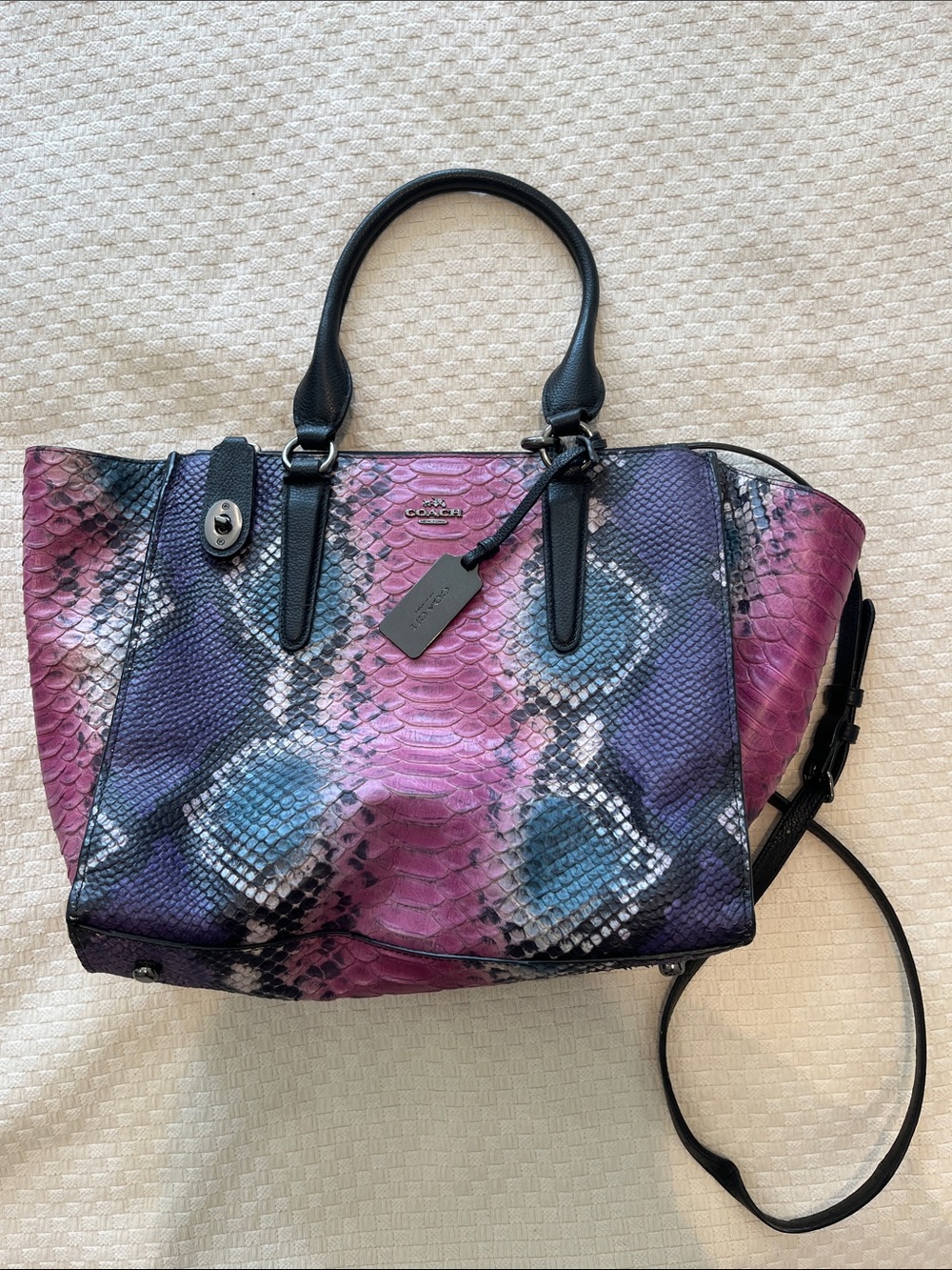 Coach Purple Pink Python-Print Leather Tote with Black Trim